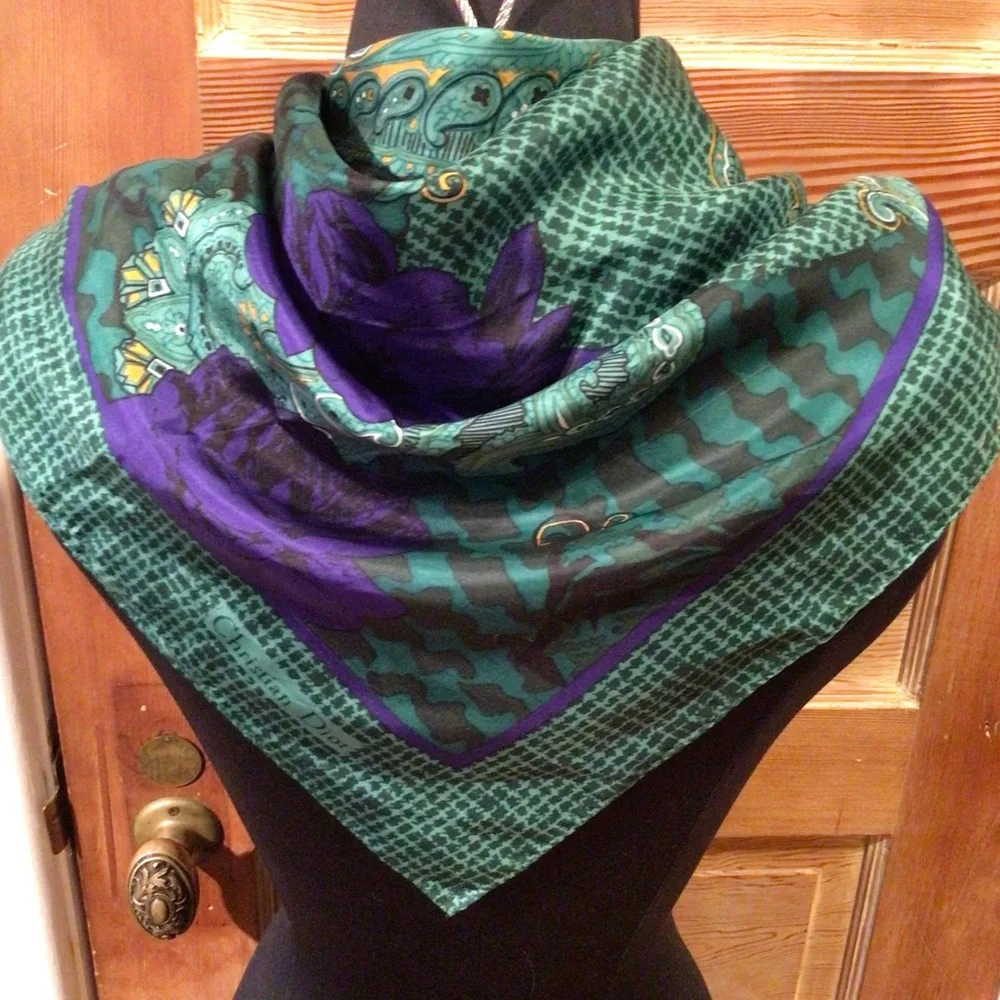 Vintage Christian Dior silk purple and green floral scarf
